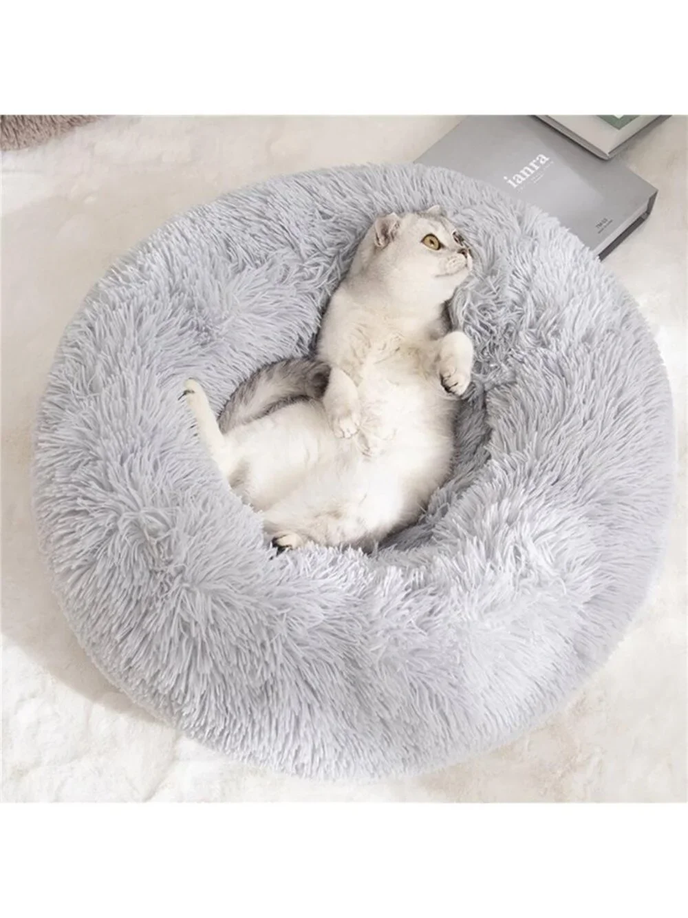 Calming Donut Dog Bed Anti-Anxiety Self Warming Cozy Soft Plush 27x7x8